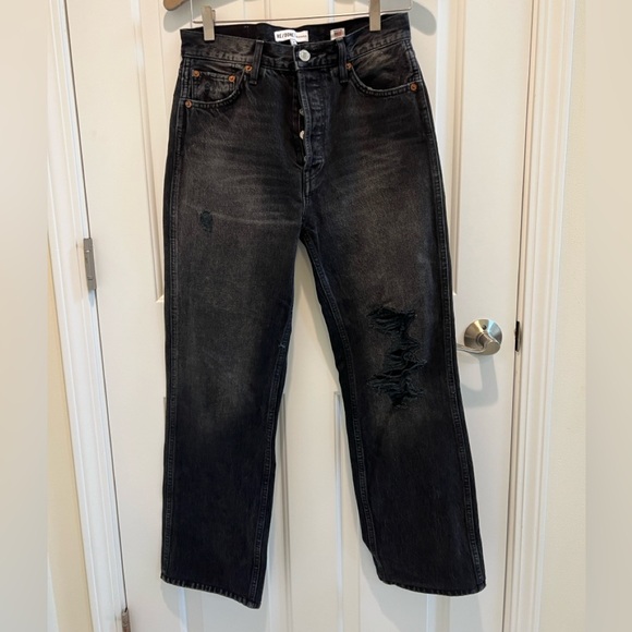 Re/Done Originals self/corps black distressed straight leg jean 27